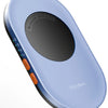 A light blue ultra-slim mouse mover device with a black oval window and orange buttons.