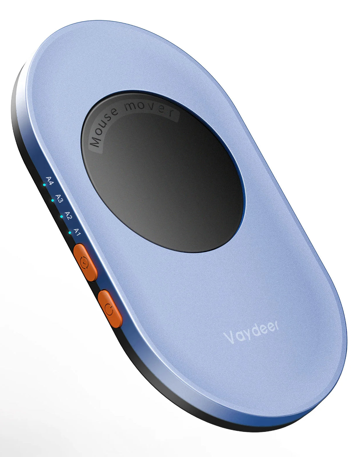 A light blue ultra-slim mouse mover device with a black oval window and orange buttons.