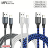 A set of black, silver, and blue MFi certified Lightning data cables with braided wires.