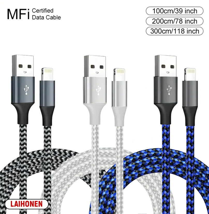 A set of black, silver, and blue MFi certified Lightning data cables with braided wires.