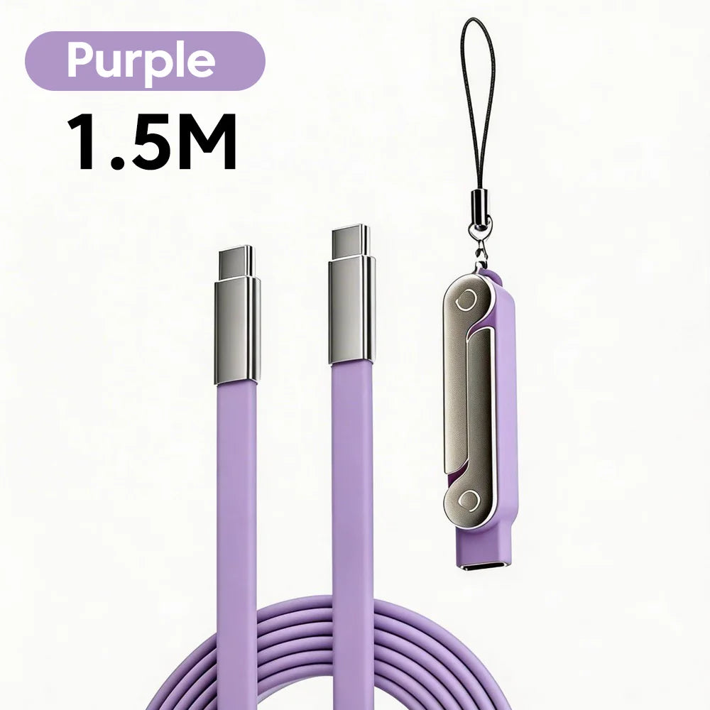 Purple 1.5M fast charging USB-C to USB-C adapter and phone stand with a coiled cable.