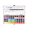 A white watercolor paint set with various colored paints and a brush inside an open case.