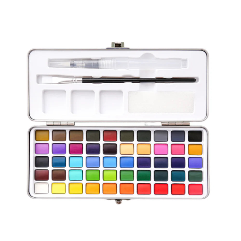 A white watercolor paint set with various colored paints and a brush inside an open case.