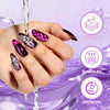 A hand displays purple and silver double-headed nail art pens with metallic shades, showing waterproof and long-lasting resul