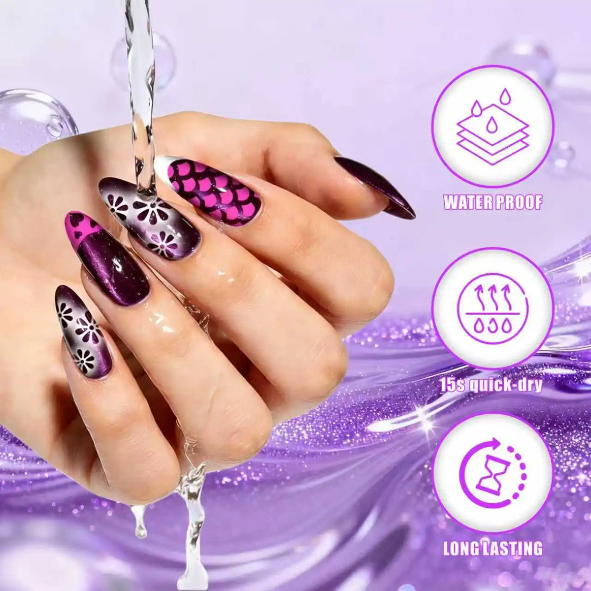A hand displays purple and silver double-headed nail art pens with metallic shades, showing waterproof and long-lasting resul