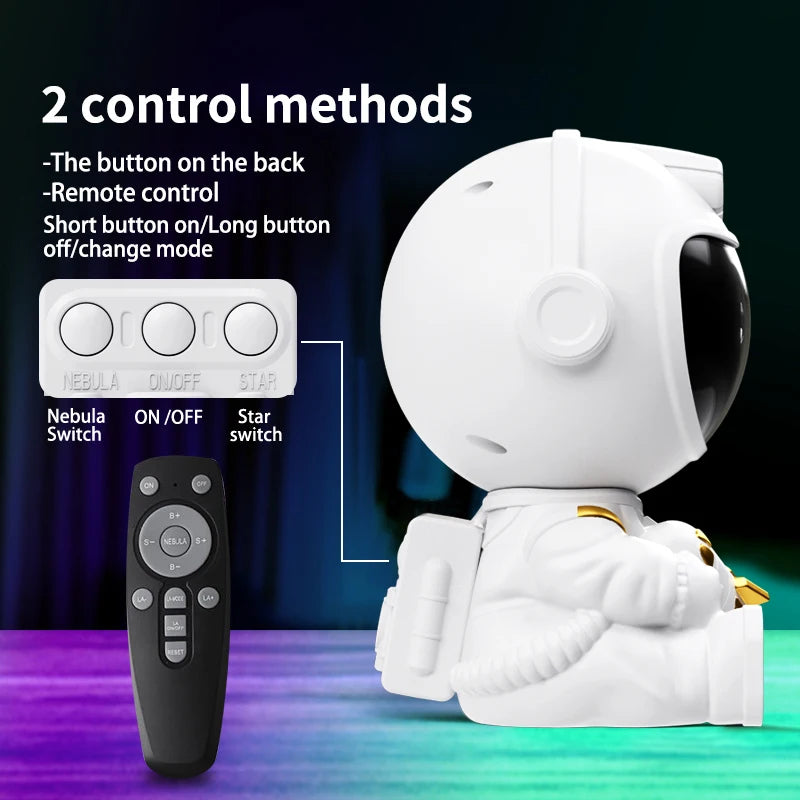Lampe de poche astronaute blanche avec contrôles : bouton et télécommande.