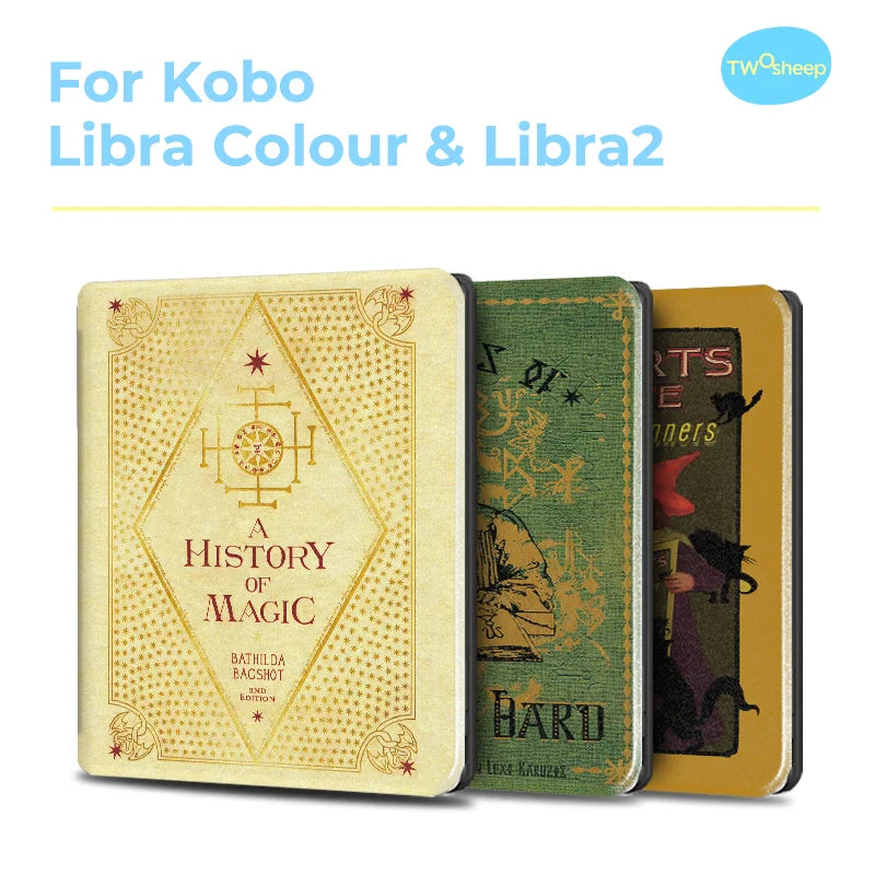 Vintage magic book covers for Kobo Libra Colour and Libra2 featuring gold, green, and yellow tones.