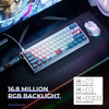 A close-up view of a white mechanical keyboard with RGB backlight and a purple gaming mouse on a dark surface.