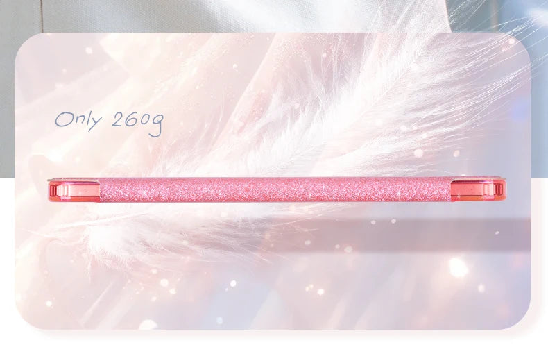 A pink glittery protective stand cover for an iPad, labeled as only 260g.