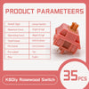 A pink linear mechanical keyboard switch is shown with technical parameters listed on a white background.