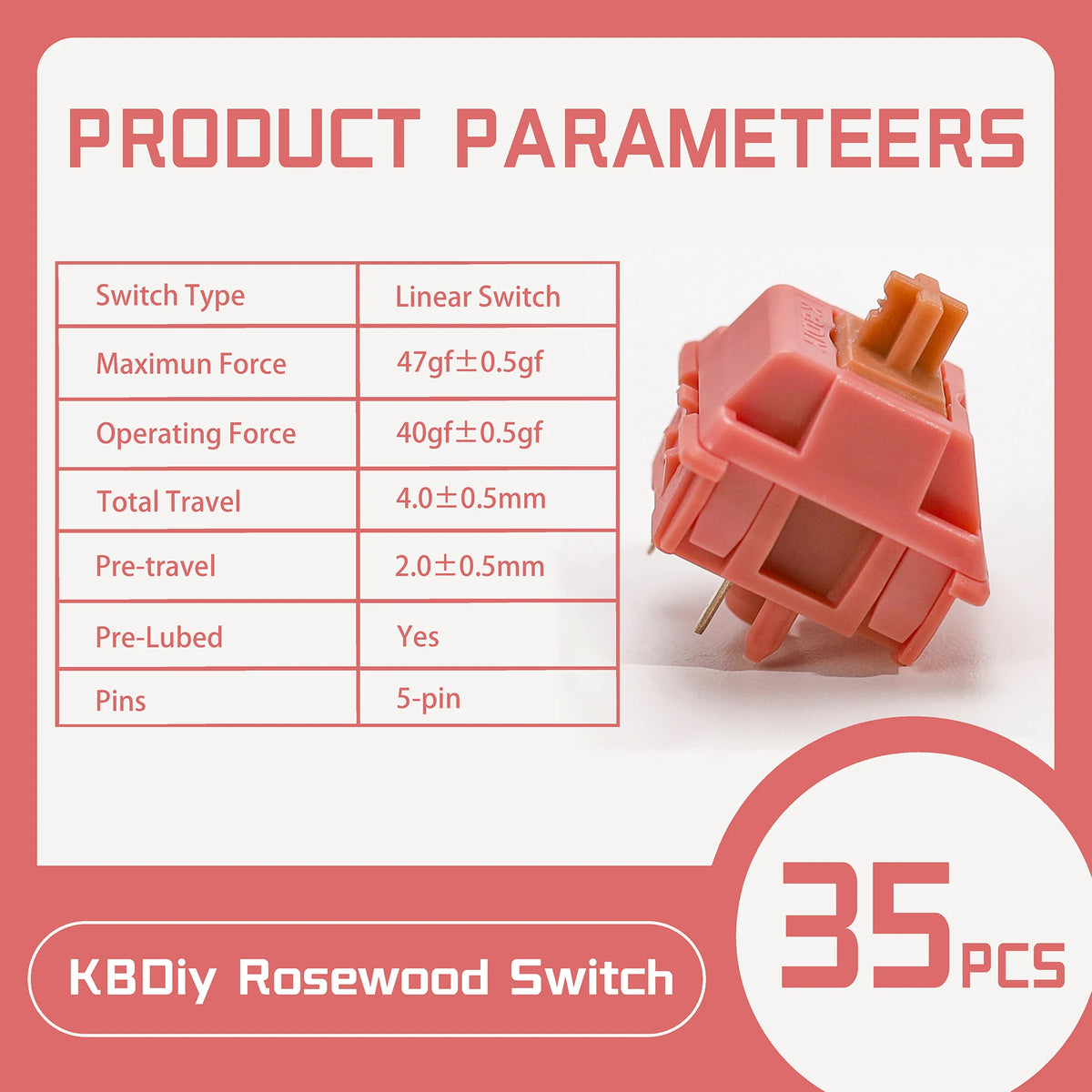 A pink linear mechanical keyboard switch is shown with technical parameters listed on a white background.