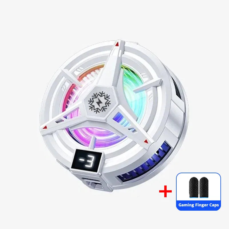 A white magnetic phone cooler with an adjustable cooling mode and RGB lighting, shown from a top-down angle.