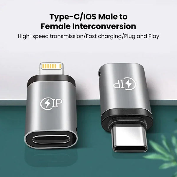 A silver Type-C/iOS male to female interconversion adapter for high-speed transmission and fast charging.