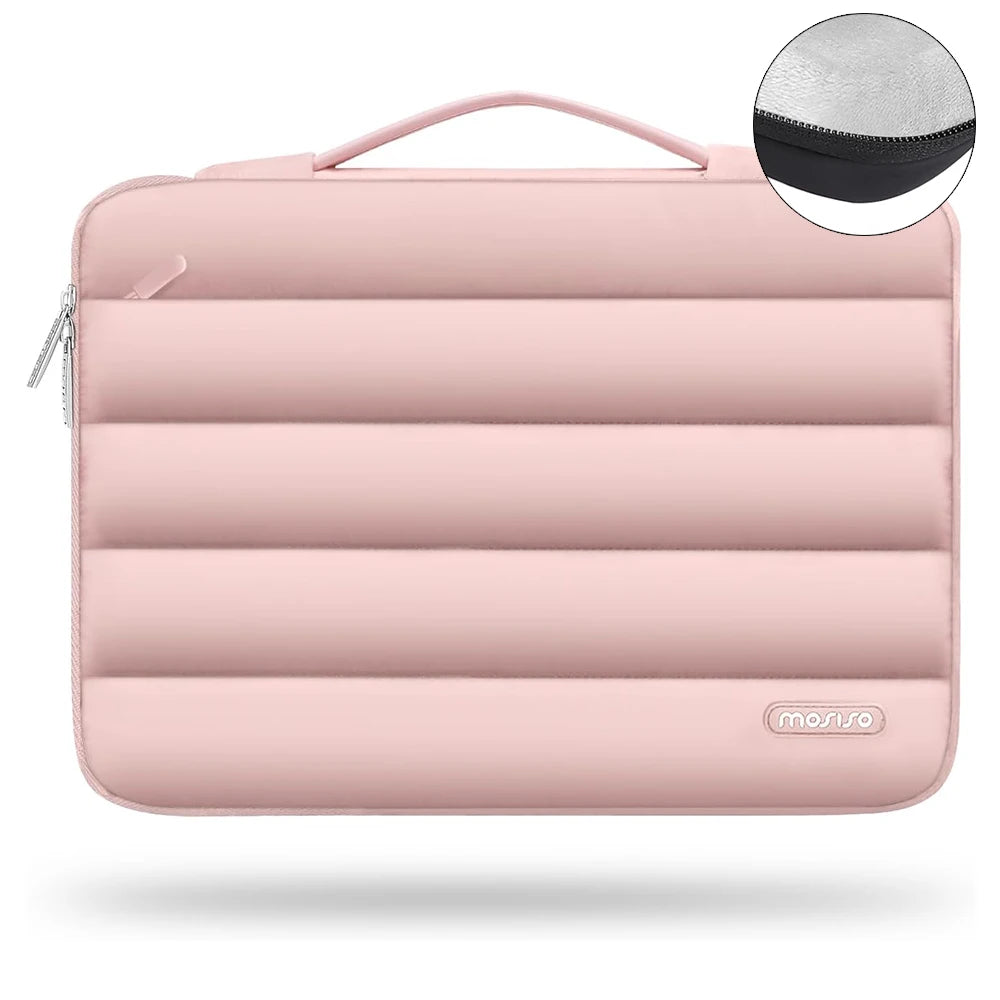 A pink protective laptop sleeve bag featuring quilted padding and a carrying loop.