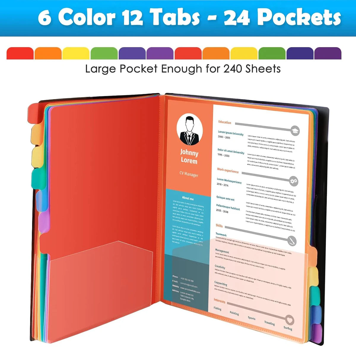 A set of six color tabs and twelve tabs for a large pocket file designed to hold 24 sheets.