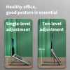 Two views of a foldable laptop stand demonstrating single-level and ten-level adjustments for healthy posture.