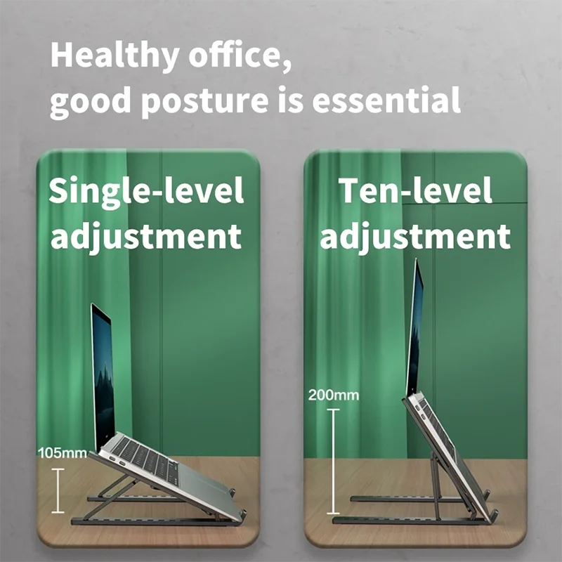 Two views of a foldable laptop stand demonstrating single-level and ten-level adjustments for healthy posture.