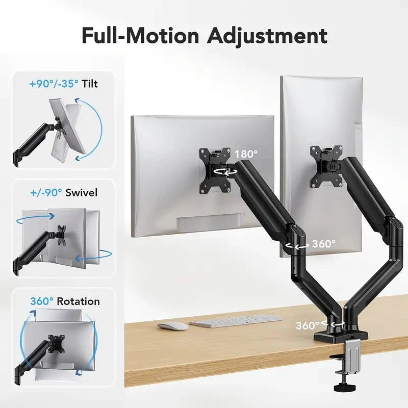 Black ergonomic dual monitor mount demonstrating tilt, swivel, and 360 degree rotation features.