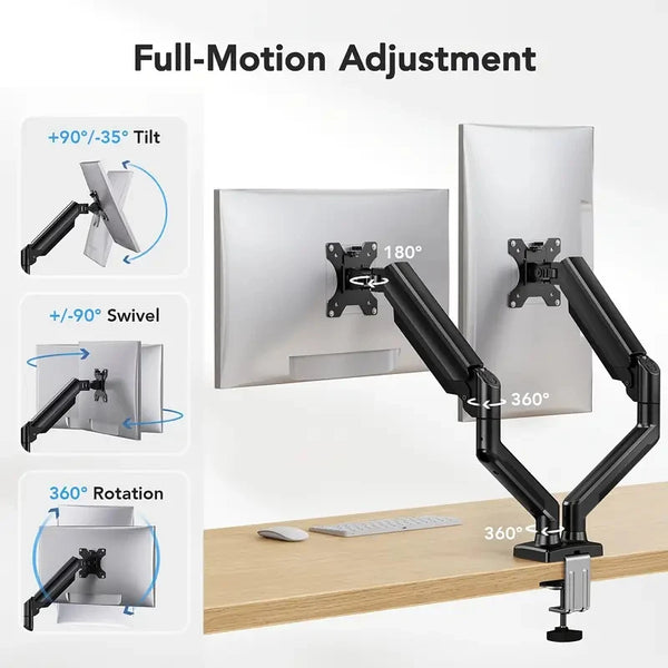 Black ergonomic dual monitor mount demonstrating tilt, swivel, and 360 degree rotation features.