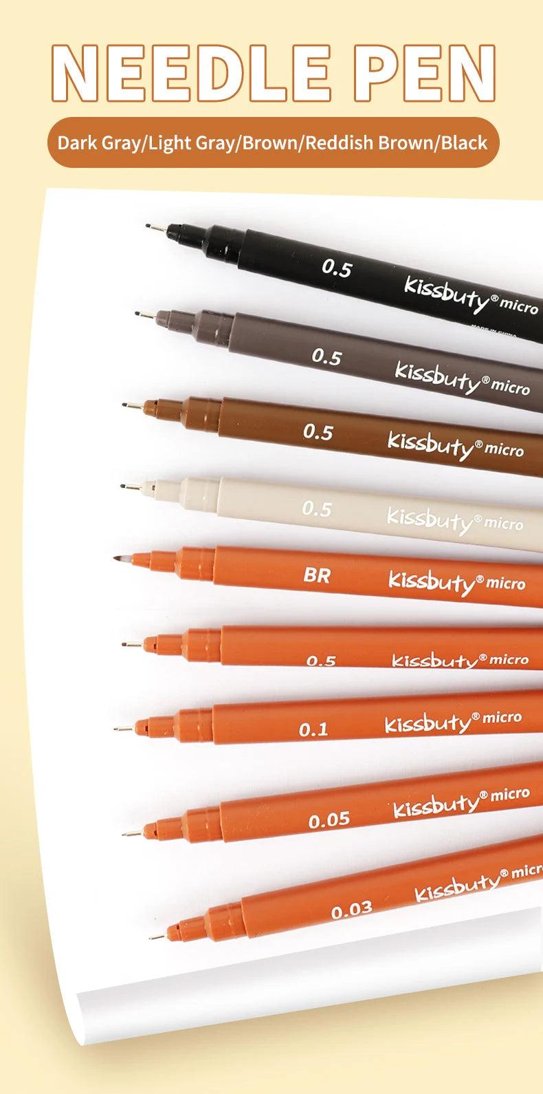A collection of black and brown needle pen fineliner pens with various tip sizes shown on a white background.