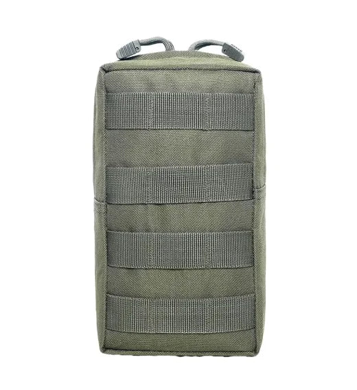 Olive green tactical MOLLE utility pouch with multiple webbing straps