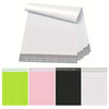 A stack of white reusable self-sealing packaging bags shown in various colors like lime green, pink, black, and white.