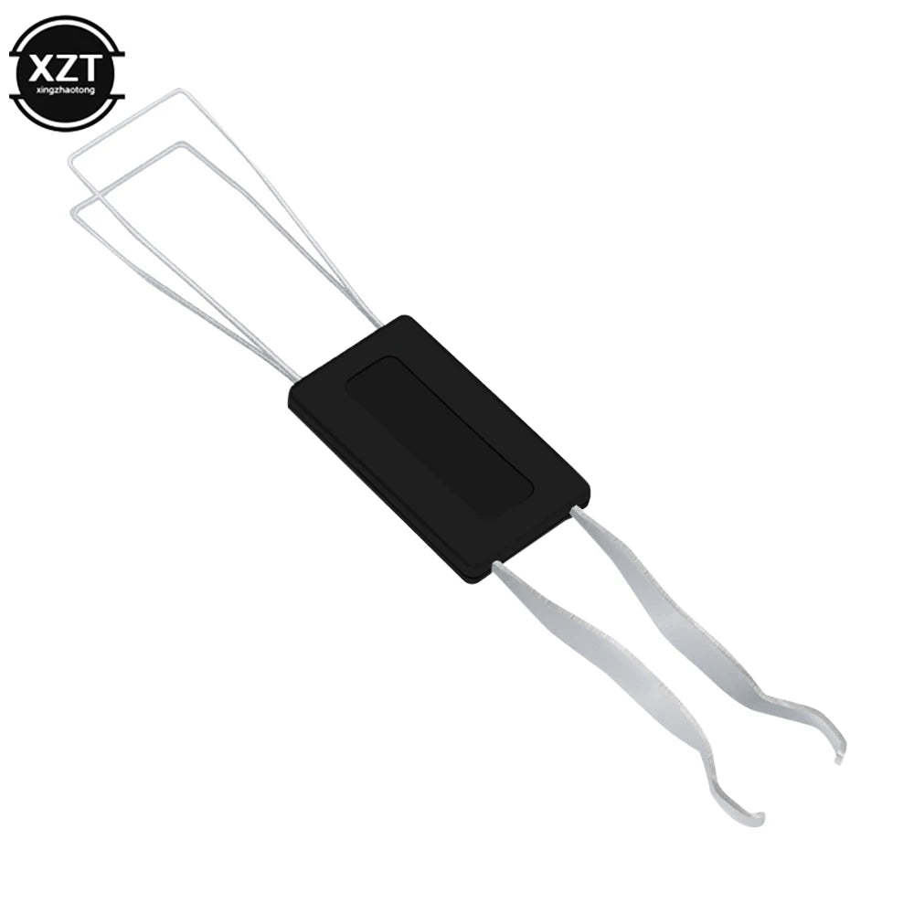 A pair of stainless steel keycap and switch pullers for mechanical keyboards.