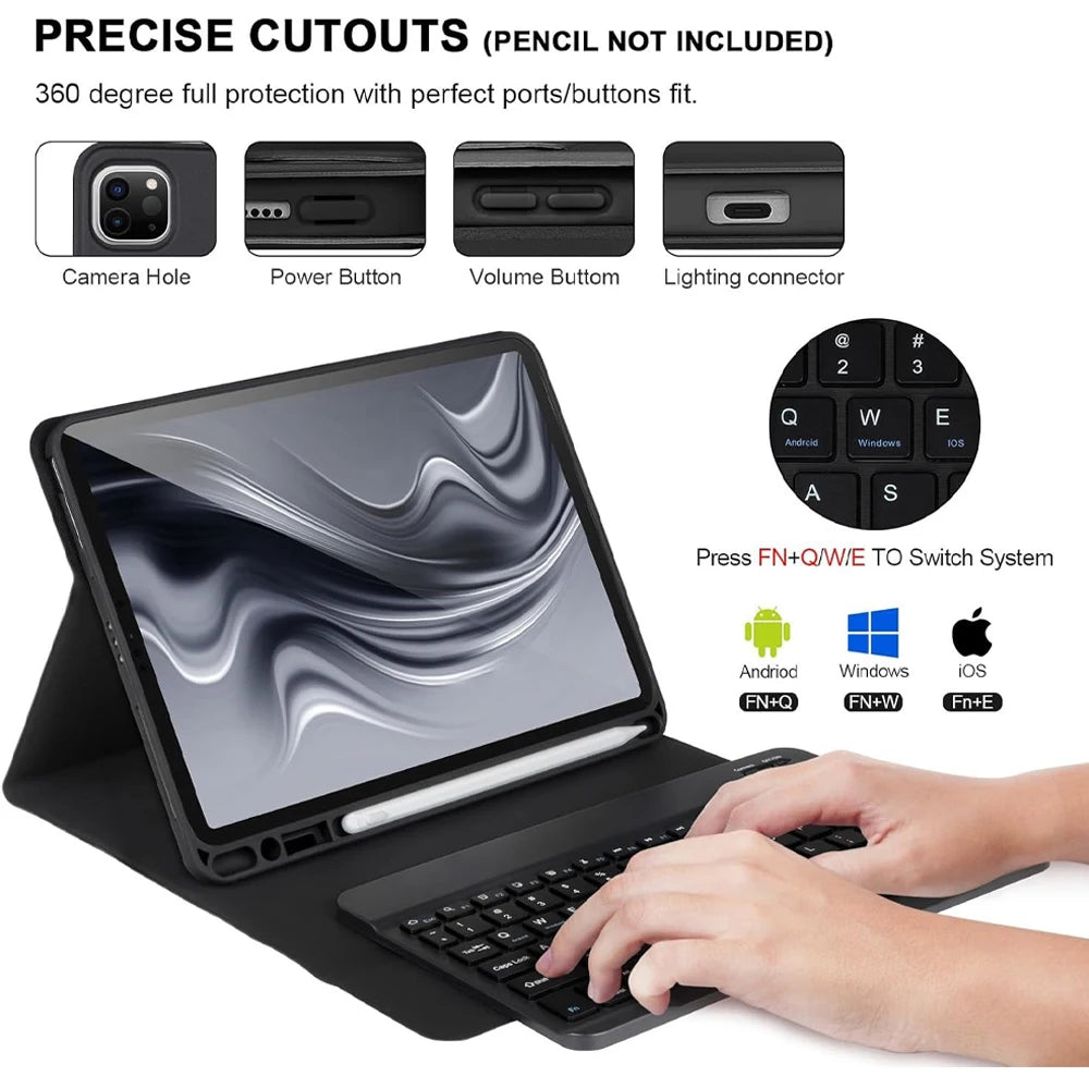 A black magnetic keyboard case for an iPad Pro 11-inch is shown with various ports and buttons highlighted.