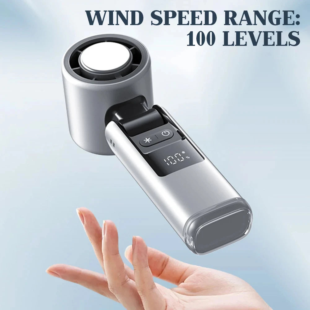 A hand holds a mini USB powered cold fan with a digital display, showing its adjustable wind speed settings.