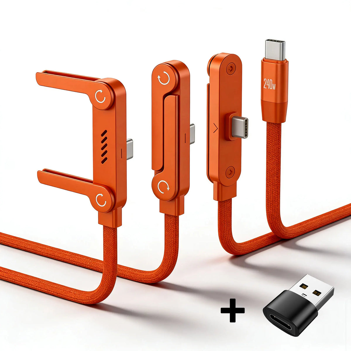 كابل شحن برتقالي قابل للطي من النوع C مع موصلات USB-A وقابس.