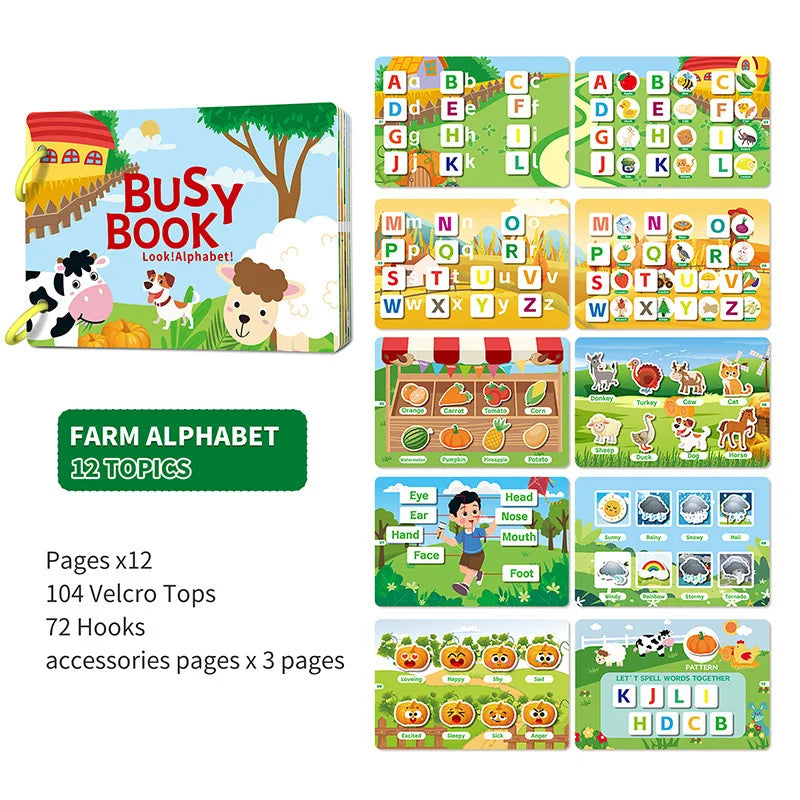 A set of 12 pages of a Busy Book alphabet activity book featuring various farm animals and letters