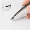 A hand holds a silver ocean fish ballpoint pen, showing a close-up view of the tip.