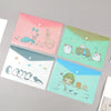 A set of four transparent document pouches featuring cute cartoon illustrations of animals like a deer, a penguin, and other 