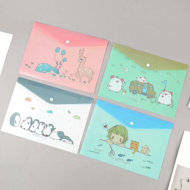 A set of four transparent document pouches featuring cute cartoon illustrations of animals like a deer, a penguin, and other 