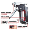 A silver and black heavy duty manual multi-use staple gun showing intensity adjustment, anti-slip design, buckle, and remove 