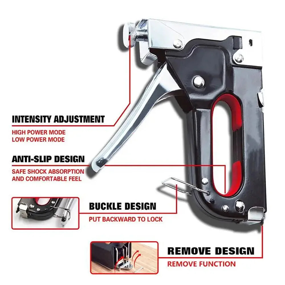 A silver and black heavy duty manual multi-use staple gun showing intensity adjustment, anti-slip design, buckle, and remove 