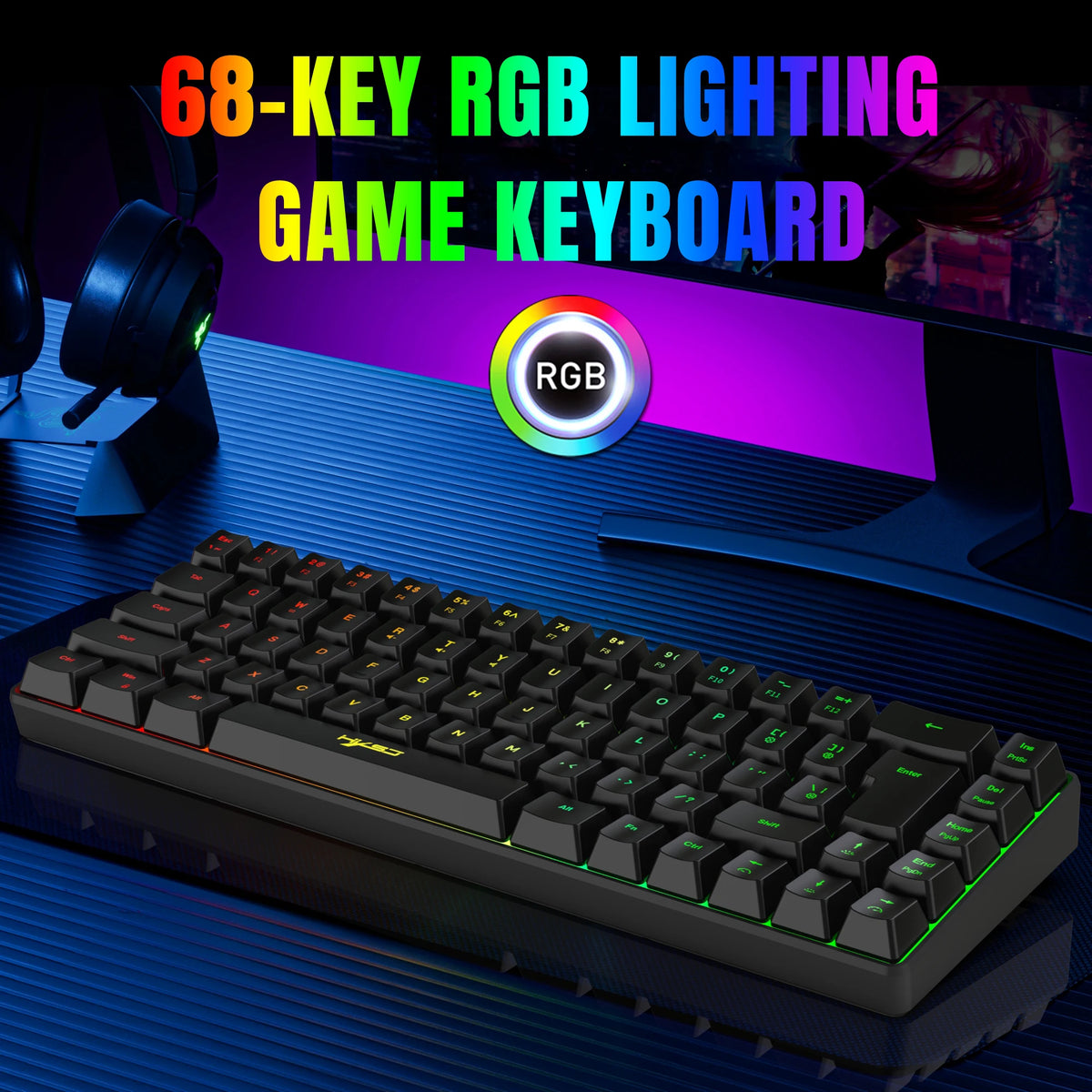 A close-up view of a black 68-key RGB gaming keyboard with vibrant green and purple lighting on a blue surface.