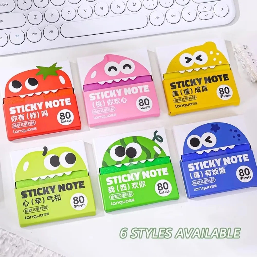 A set of 6 styles of cartoon fruit themed pearlescent pull-out sticky notes in various colors like orange pink yellow and gre