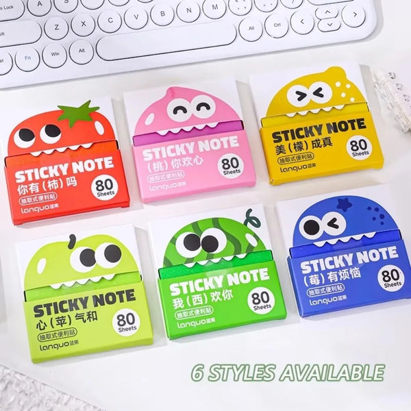 A set of 6 styles of cartoon fruit themed pearlescent pull-out sticky notes in various colors like orange pink yellow and gre