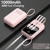 Pink 10000mAh power bank with built-in 4 cables and a flashlight shown on a dark surface.