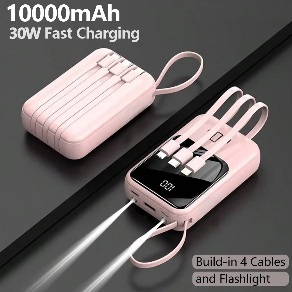 Pink 10000mAh power bank with built-in 4 cables and a flashlight shown on a dark surface.