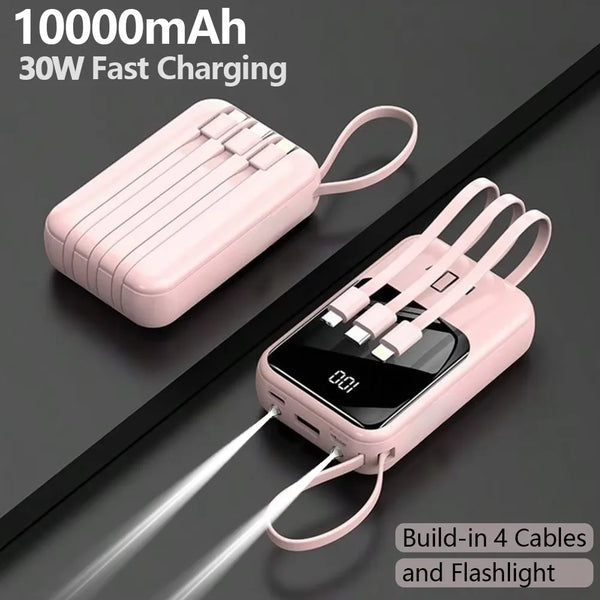 Pink 10000mAh power bank with built-in 4 cables and a flashlight shown on a dark surface.