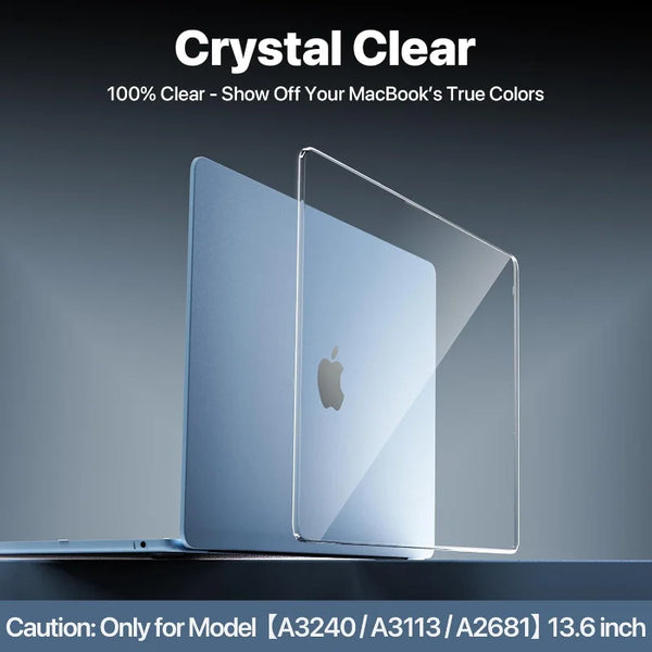 A crystal clear hard shell case for a 13.6-inch MacBook Air showing the true colors of the laptop.