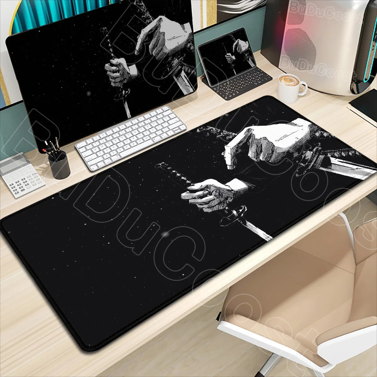 Black gaming mousepad featuring an illustration of Miyamoto Musashi from the Vagabond manga.