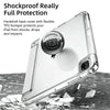 A clear acrylic protective case for an iPad is shown resting on scattered shards of glass.