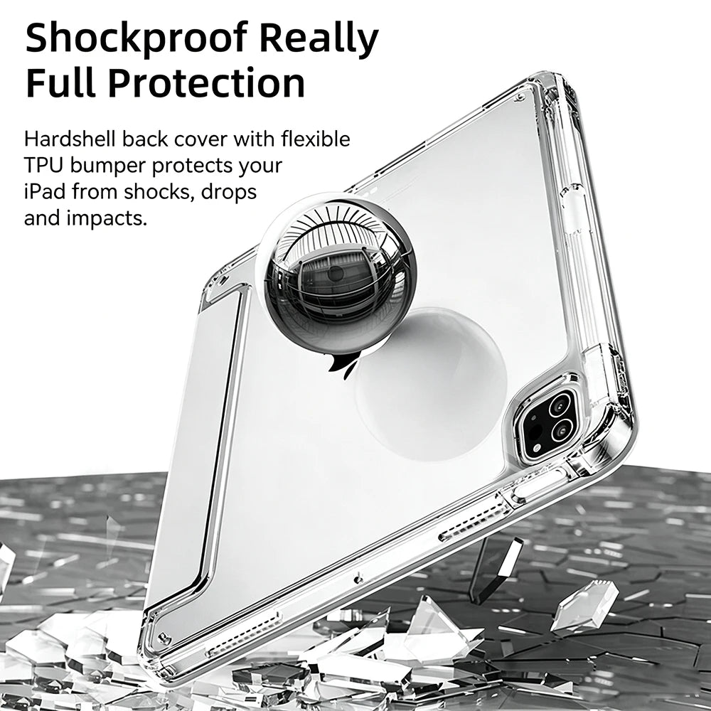 A clear acrylic protective case for an iPad is shown resting on scattered shards of glass.