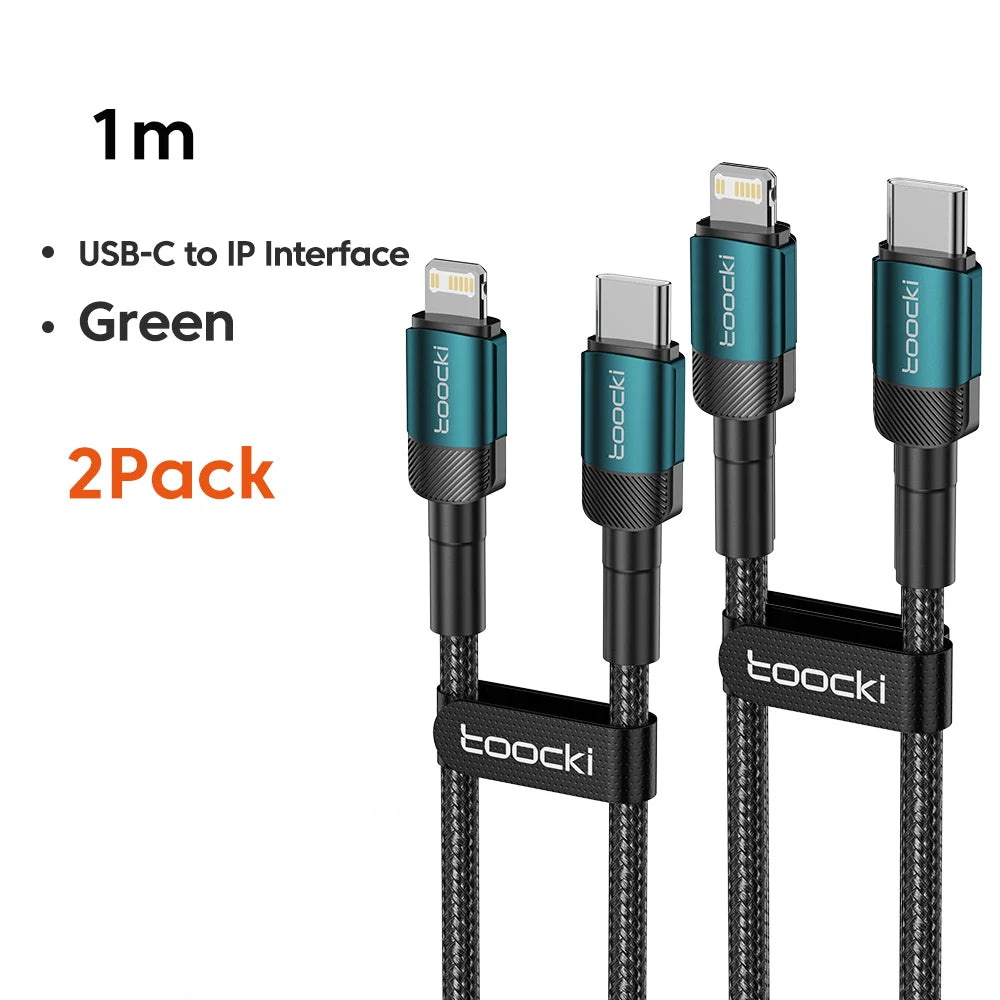 A pack of two black USB-C to IP interface charging cables with green connectors.