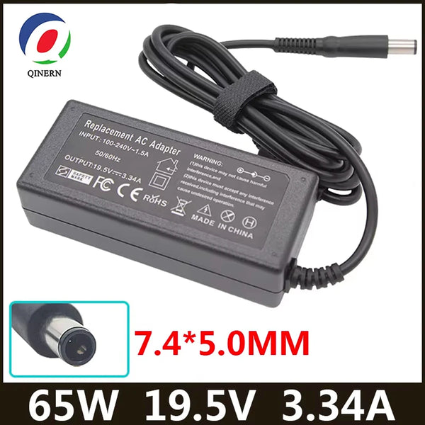 Black replacement AC adapter for laptop with 19.5V and 3.34A output.