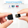 A hand holds a black USB-C to SD/TF card reader with a keychain attachment.