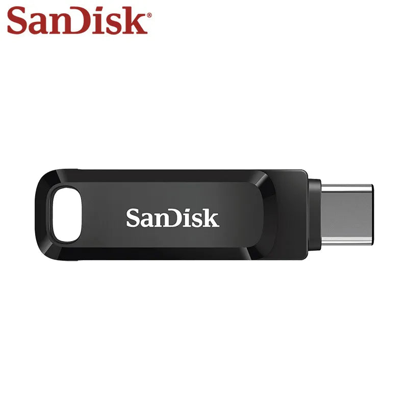 Black SanDisk Ultra Dual Drive flash drive with USB Type-C and Type-A connectors.